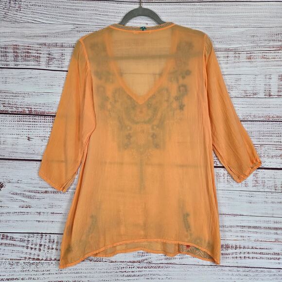 Johnny Was Orange Tropical Blouse (S) Multicolor Emboidered Whimsy Fairy V-Neck - Picture 4 of 13